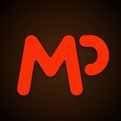 โลโก้สี่เหลี่ยมพื้นหลังสีดำ ตัวอักษรย่อโมโนแกรม MP สีแดงอมส้ม